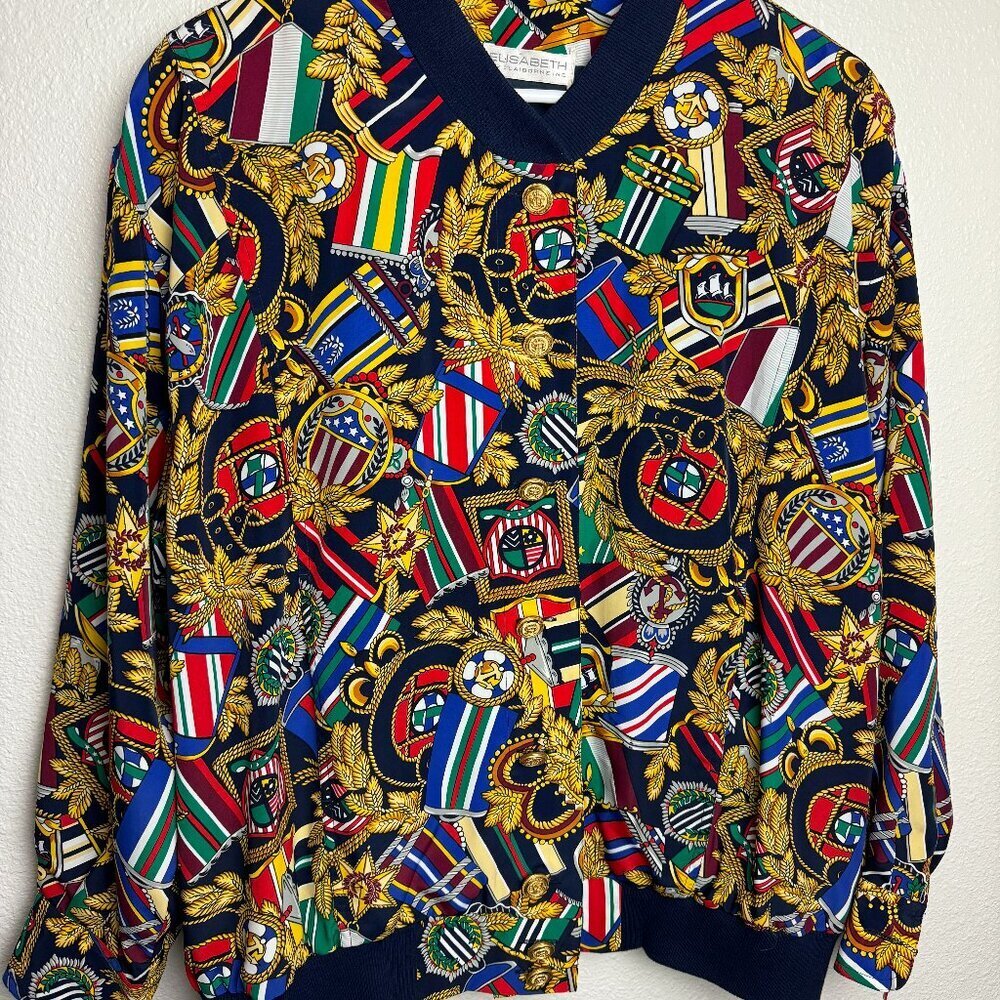 Vintage ELISABETH Liz Claiborne  Multicolor Anchors Gold Buttons Bomber  Jacket